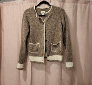 Anthropologie Taupe Tweed Cardigan with Cream Trim